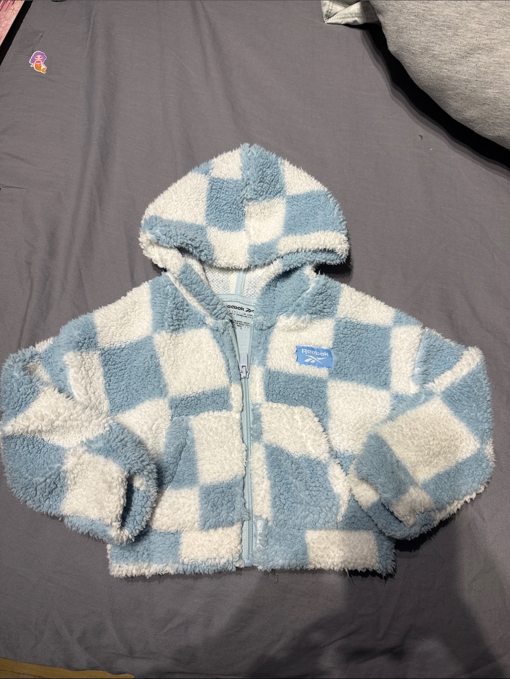 Reebok Light Blue and White Checkered Sherpa Zip Hoodie
